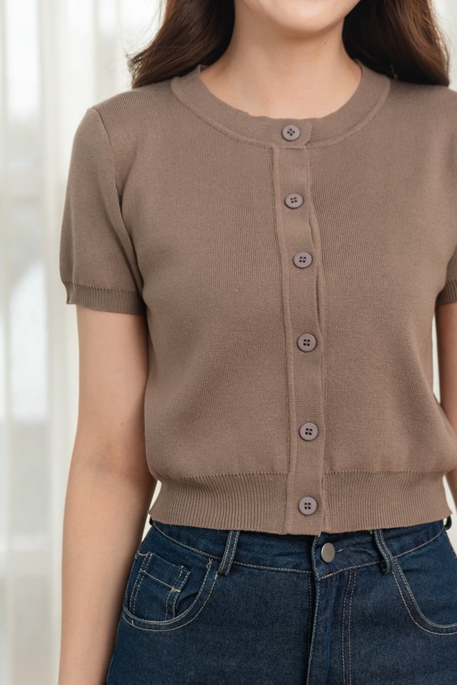 ACW Button Down Round Neck Sleeved Knit Top in Cocoa