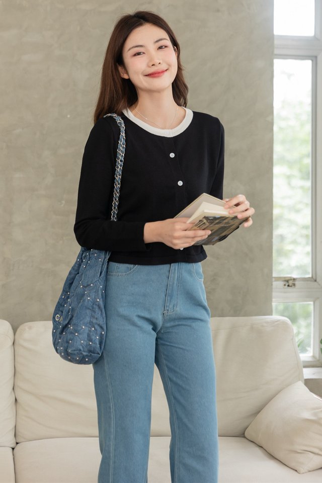 ACW Colourblock Trimming Button Down Cardigan in Black