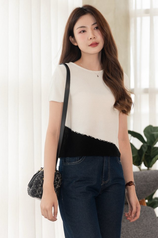 ACW Diagonal Colourblock Sleeve Knit Top in Ivory