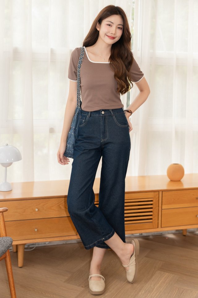 ACW Contrast Piping Square Neck Sleeve Knit Top in Cocoa