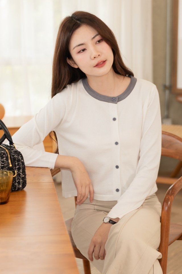 ACW Colourblock Trimming Button Down Cardigan in White
