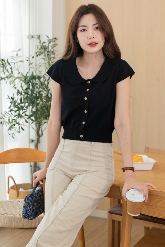 ACW Peterpan Collar Button Cap Sleeve Blouse in Black