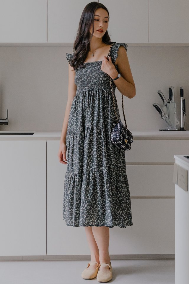 ACW Frill Strap Smock Tiered Midi Dress in Navy Florals