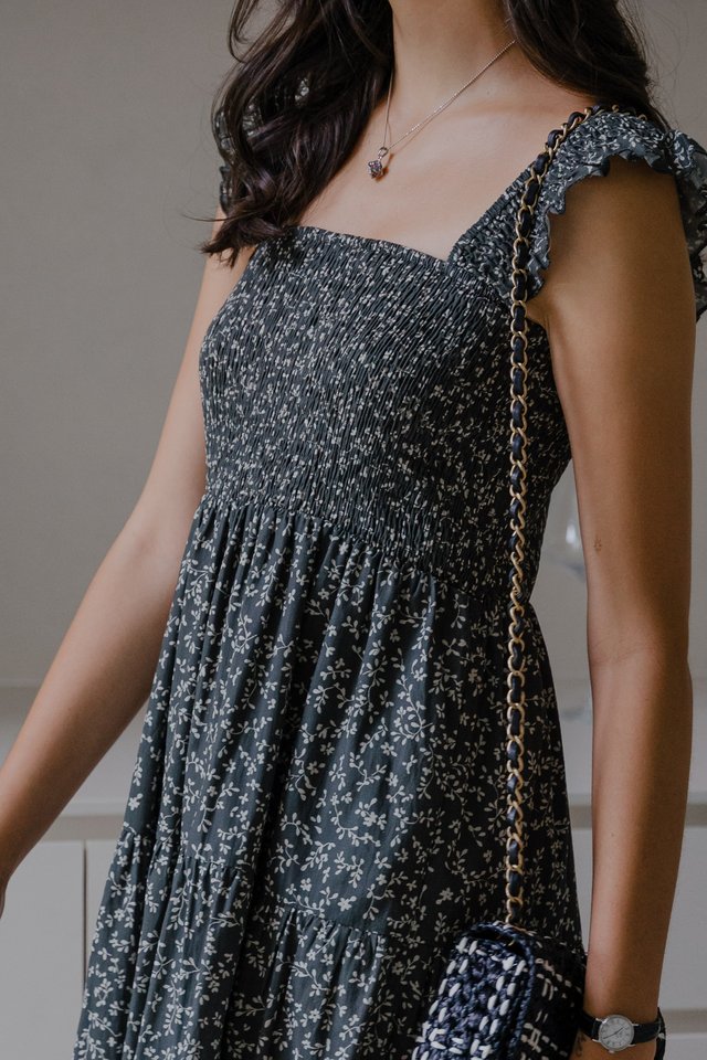 ACW Frill Strap Smock Tiered Midi Dress in Navy Florals