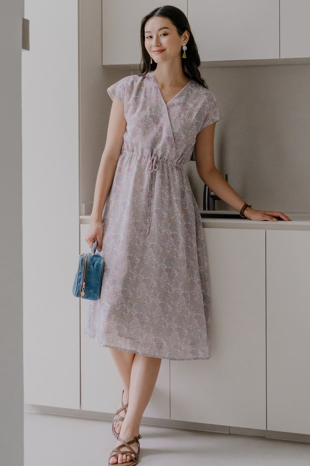 ACW Adjustable Waistband Wrap Midi Dress in Soft Lavender Florals