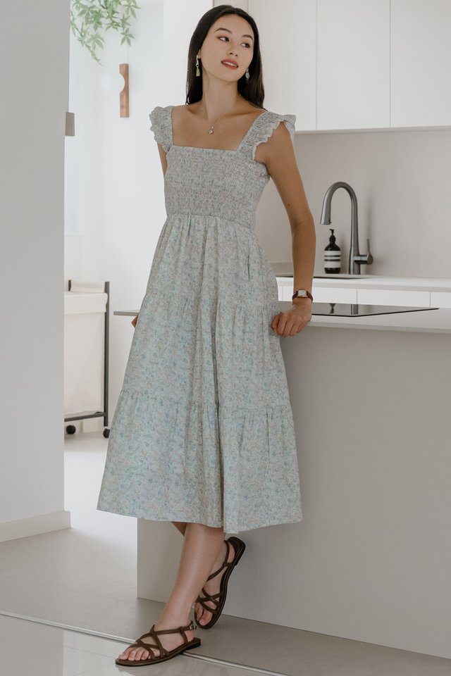 ACW Frill Strap Smock Tiered Midi Dress in White Pastel Florals