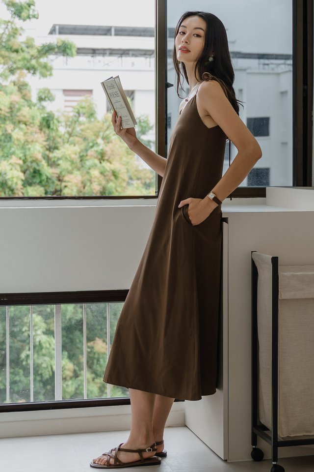 ACW Tie Strap Cami Midi Dress in Cocoa Brown