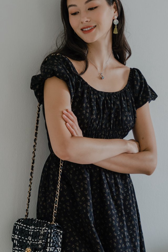 ACW Triple Smock Waist Scoop Neck Midi Dress in Black Floral