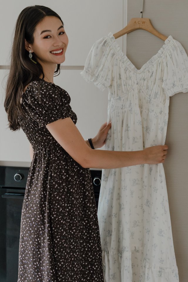 ACW Patterned Smock Sleeved Midi Dress in Cocoa Floral