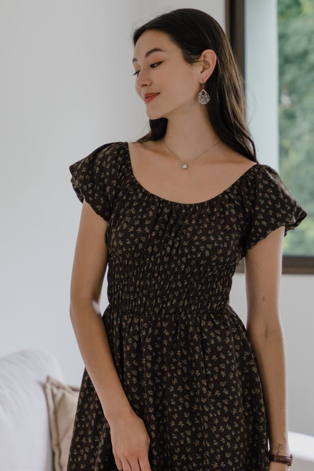 ACW Triple Smock Waist Scoop Neck Midi Dress in Cocoa Floral