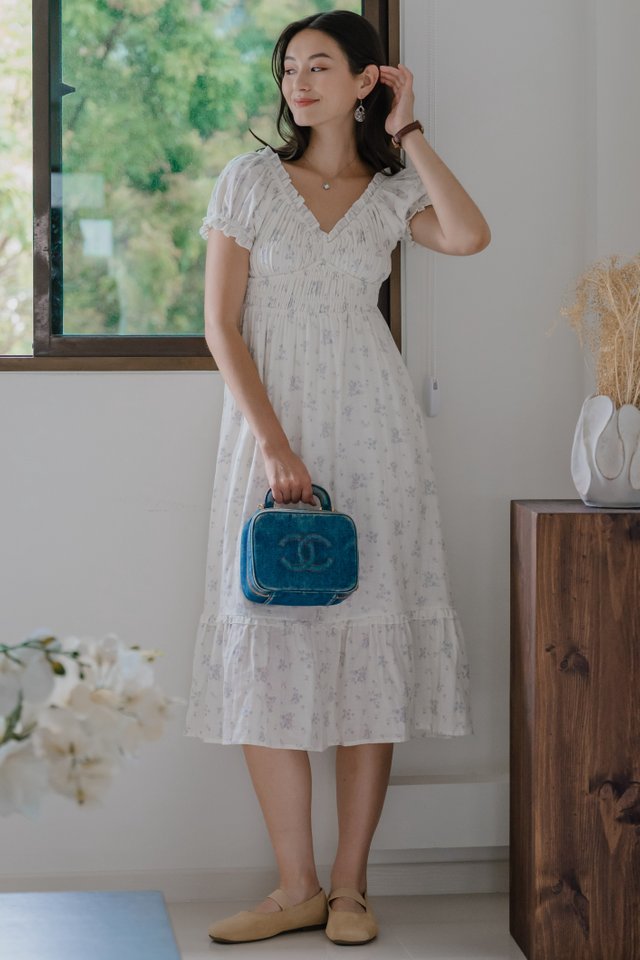 ACW Patterned Smock Sleeved Midi Dress in Sky Blue Florals