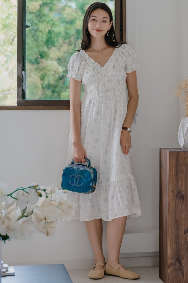 ACW Patterned Smock Sleeved Midi Dress in Sky Blue Florals