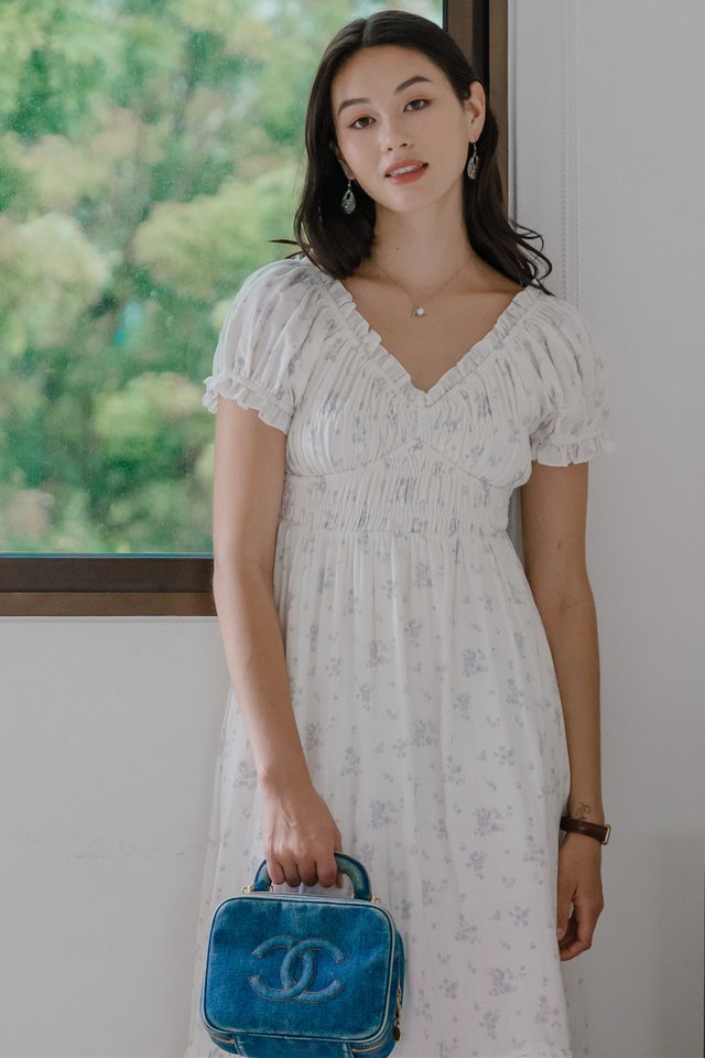 ACW Patterned Smock Sleeved Midi Dress in Sky Blue Florals