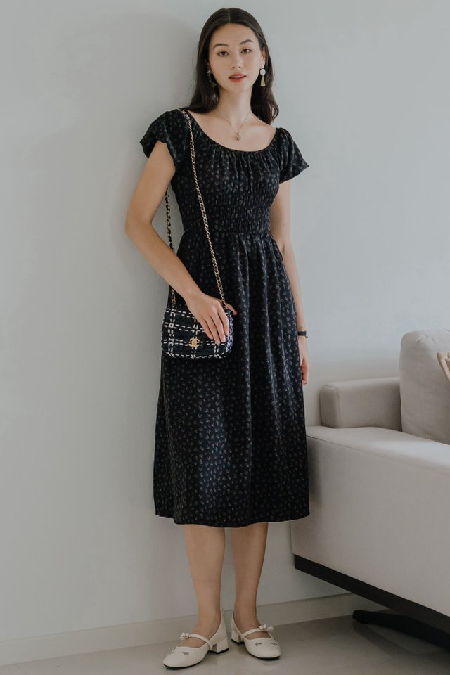 ACW Triple Smock Waist Scoop Neck Midi Dress in Black Floral
