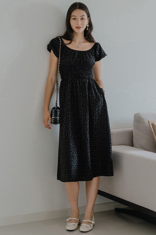ACW Triple Smock Waist Scoop Neck Midi Dress in Black Floral