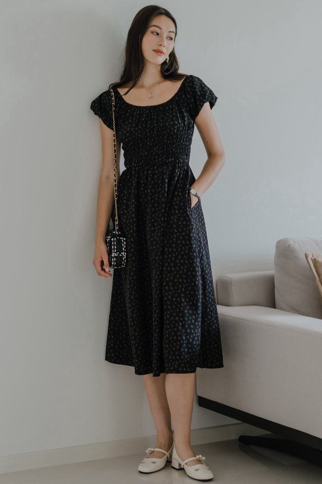 ACW Triple Smock Waist Scoop Neck Midi Dress in Black Floral