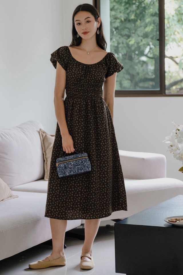 ACW Triple Smock Waist Scoop Neck Midi Dress in Cocoa Floral