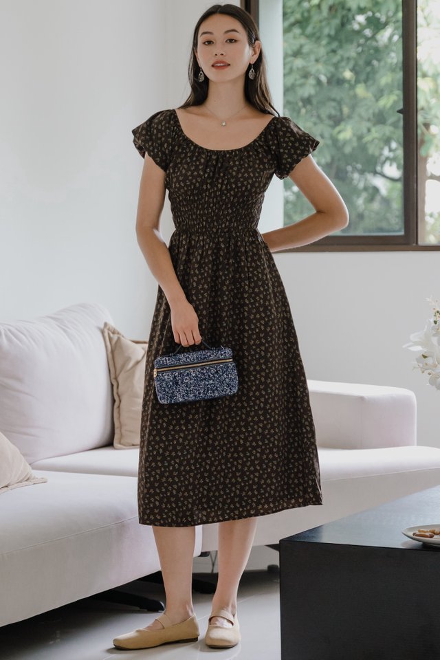 ACW Triple Smock Waist Scoop Neck Midi Dress in Cocoa Floral
