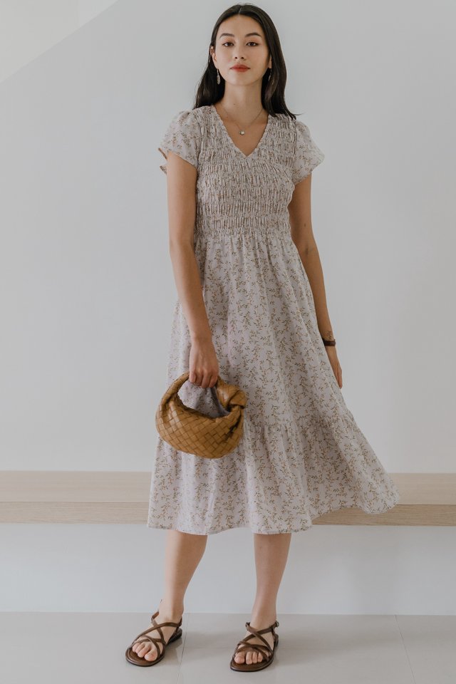 ACW V Neck Flutter Sleeve Smock Midi Dress in Soft Lavender Floral
