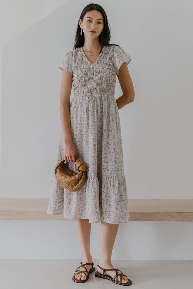 ACW V Neck Flutter Sleeve Smock Midi Dress in Soft Lavender Floral