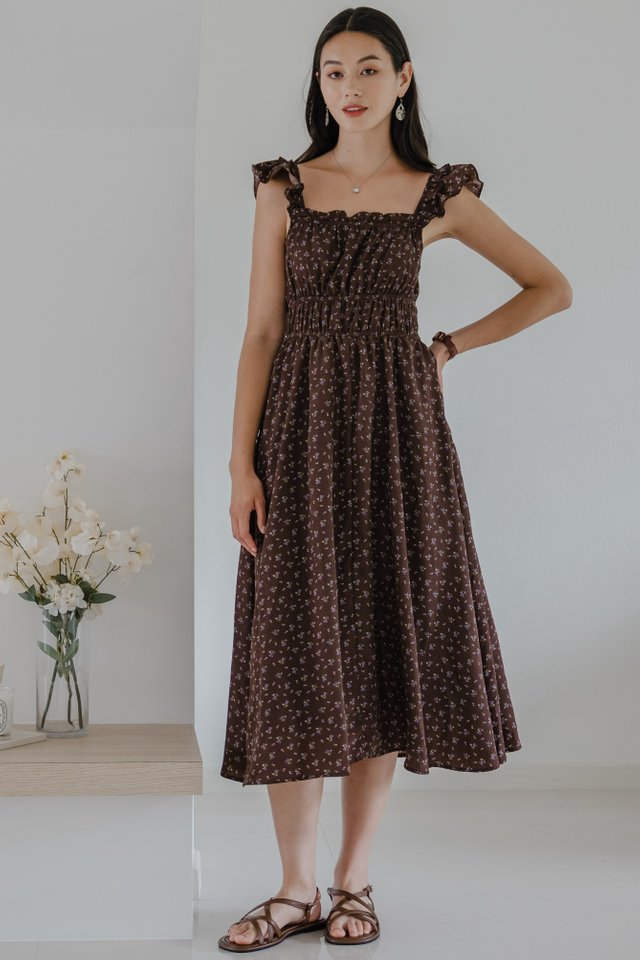 *Preorder* ACW Tiered Straps Elastic Waist Midi Dress in Cocoa Florals