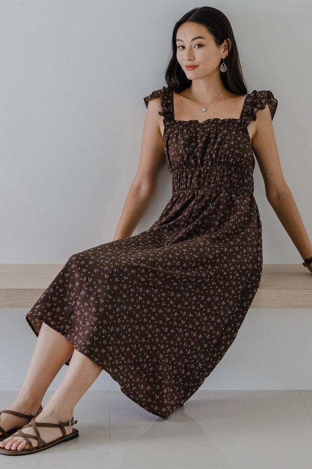 *Preorder* ACW Tiered Straps Elastic Waist Midi Dress in Cocoa Florals