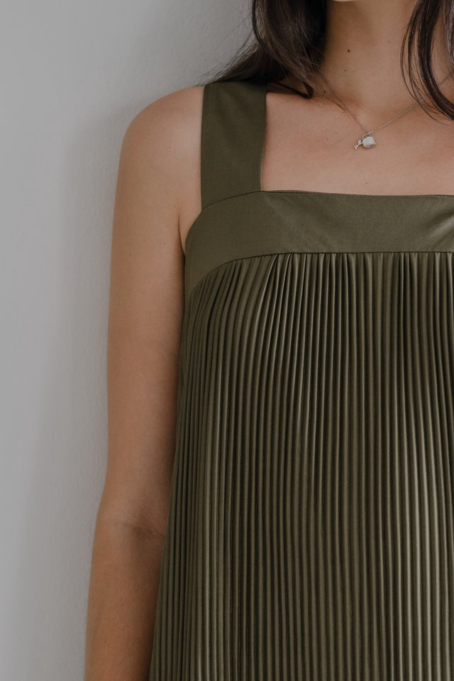 ACW V Back Fine Pleats Midi Dress in Deep Olive