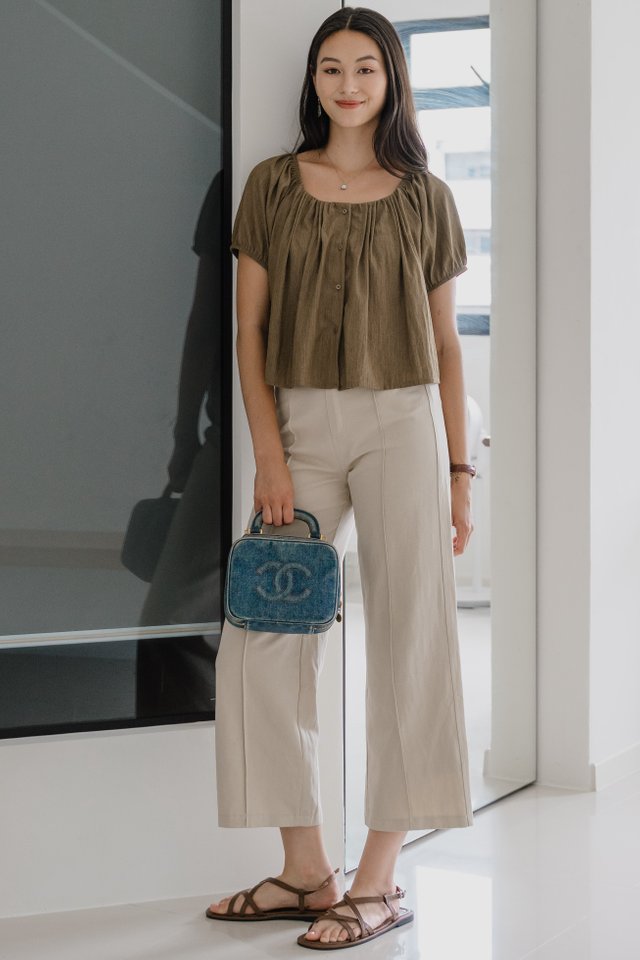 ACW Wide Neck Puff Sleeve Button Down Blouse in Olive