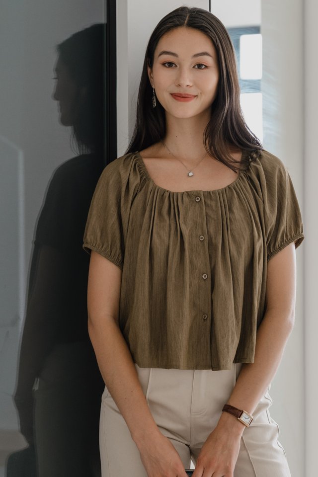 ACW Wide Neck Puff Sleeve Button Down Blouse in Olive