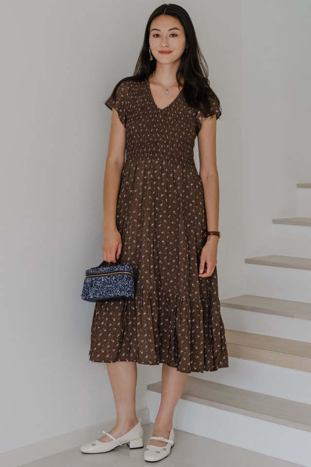 ACW V Neck Flutter Sleeve Smock Midi Dress in Cocoa Florals