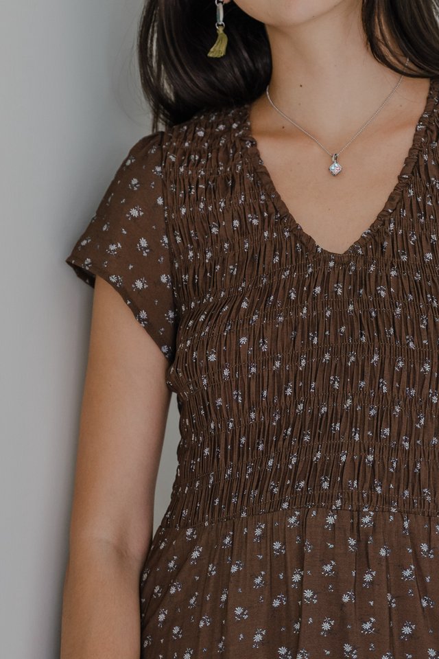 ACW V Neck Flutter Sleeve Smock Midi Dress in Cocoa Florals