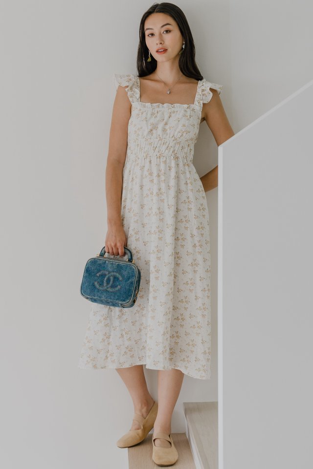 *Preorder* ACW Tiered Straps Elastic Waist Midi Dress in White Florals