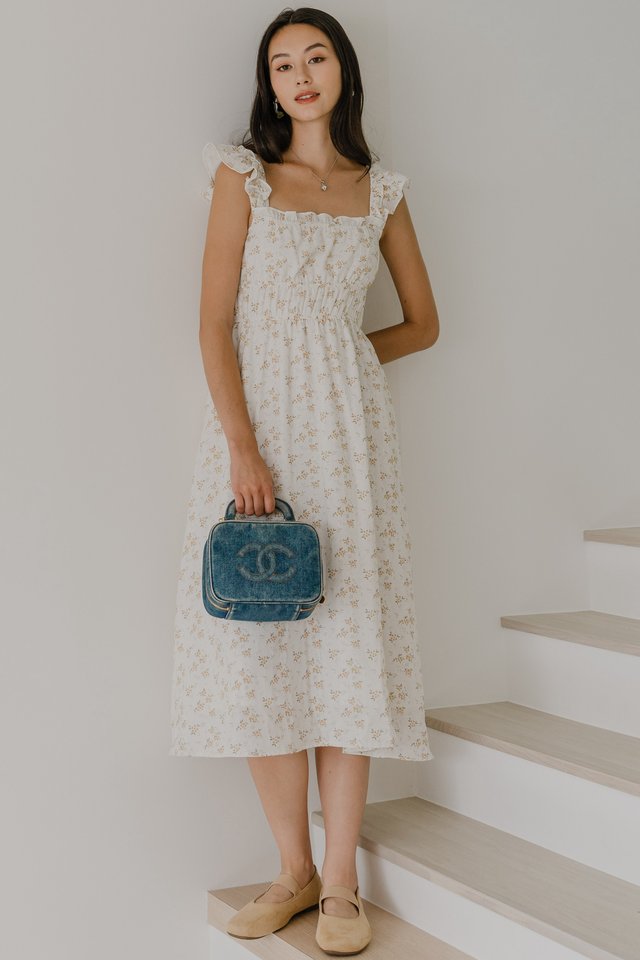 *Preorder* ACW Tiered Straps Elastic Waist Midi Dress in White Florals