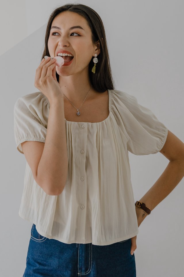ACW Wide Neck Puff Sleeve Button Down Blouse in Ivory