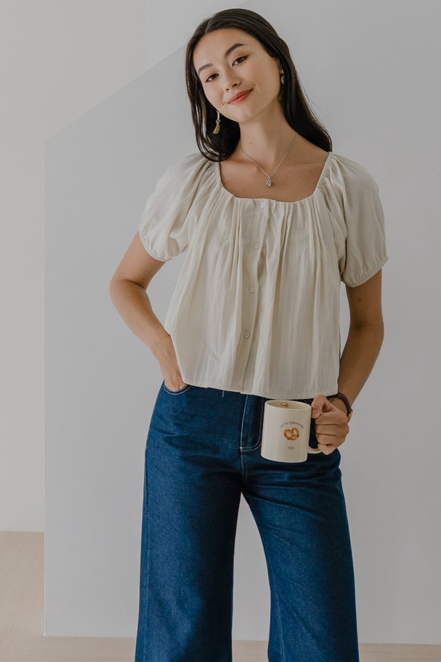 ACW Wide Neck Puff Sleeve Button Down Blouse in Ivory
