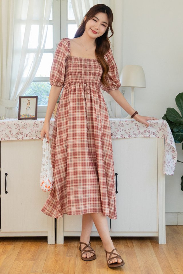 *Preorder - 31 Jan* ACW Balloon Sleeve Smock Square Neck Midi Dress in Red Plaid