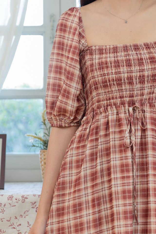 *Preorder - 31 Jan* ACW Balloon Sleeve Smock Square Neck Midi Dress in Red Plaid