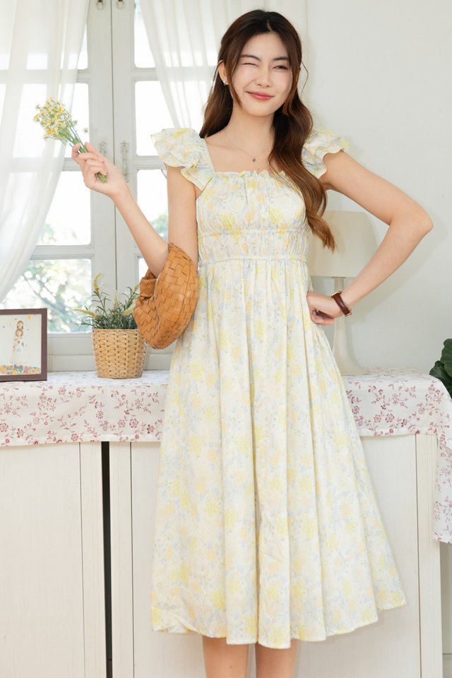 *Preorder - 31 Jan* ACW Ruffle Tier Sleeveless Elastic Waist Midi Dress in Yellow Garden Floral
