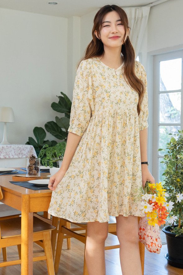 *Preorder - 22 Jan* ACW Puffy Balloon Sleeve Babydoll Mini Dress in Lemon Floral