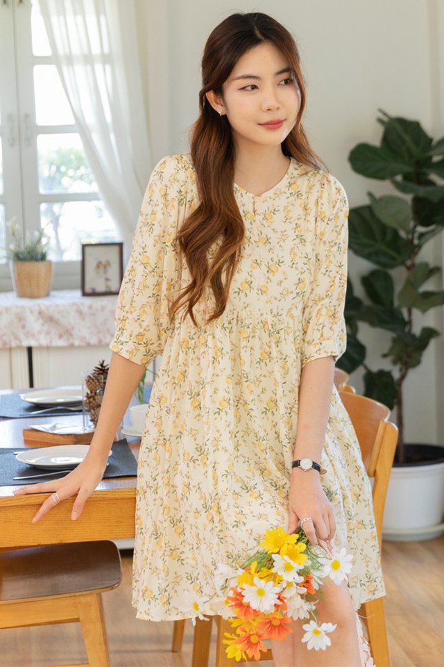 *Preorder - 22 Jan* ACW Puffy Balloon Sleeve Babydoll Mini Dress in Lemon Floral