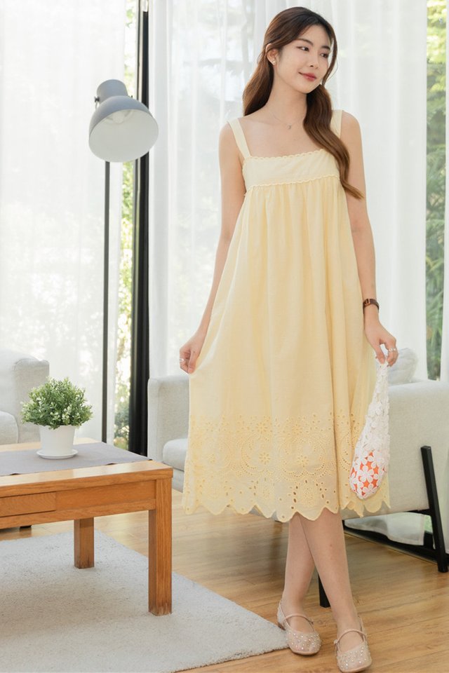 *BACK IN STOCK* ACW Eyelet Hemline Thick Strap Flowy Midi Dress in Butter Yellow