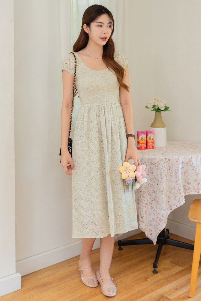 *Preorder - 6/7 Feb* ACW Eyelet U Neck Smock Midi Dress in Seafoam