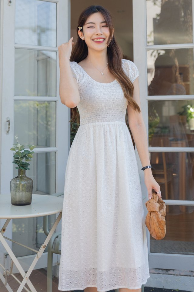 *Preorder - 6/7 Feb* ACW Eyelet U Neck Smock Midi Dress in White