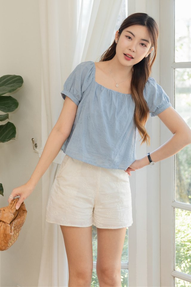*Preorder - 6/7 Feb* ACW Square Neck Eyelet Puff Sleeve Top in Blue