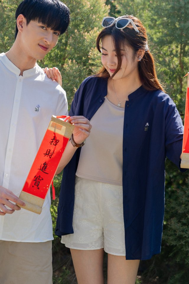 *Preorder - 8/9 Feb* ACW Wildflower Embroidery Mandarin Collar Men's Shirt in Navy