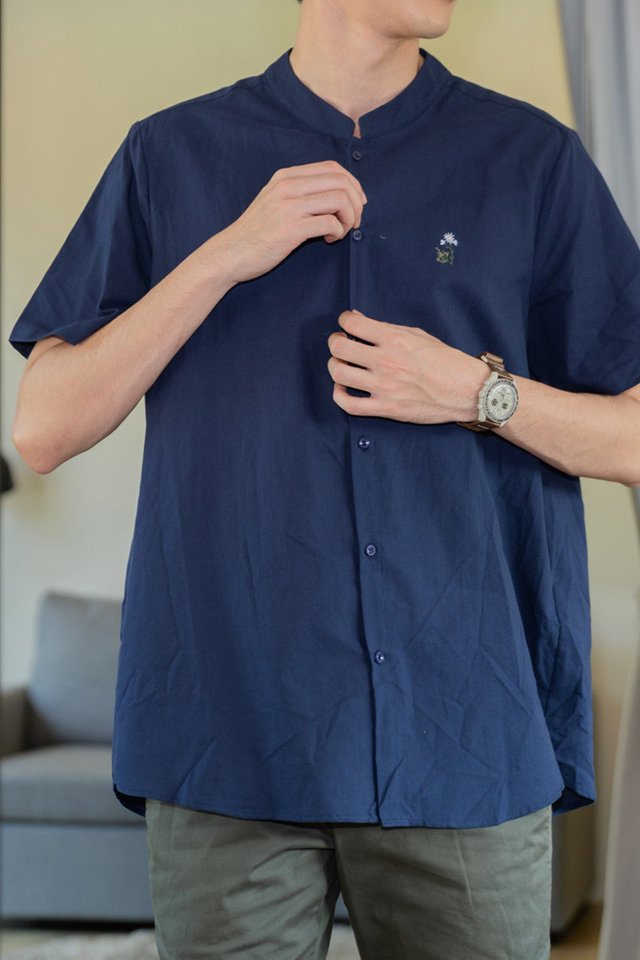 *Preorder - 8/9 Feb* ACW Wildflower Embroidery Mandarin Collar Men's Shirt in Navy