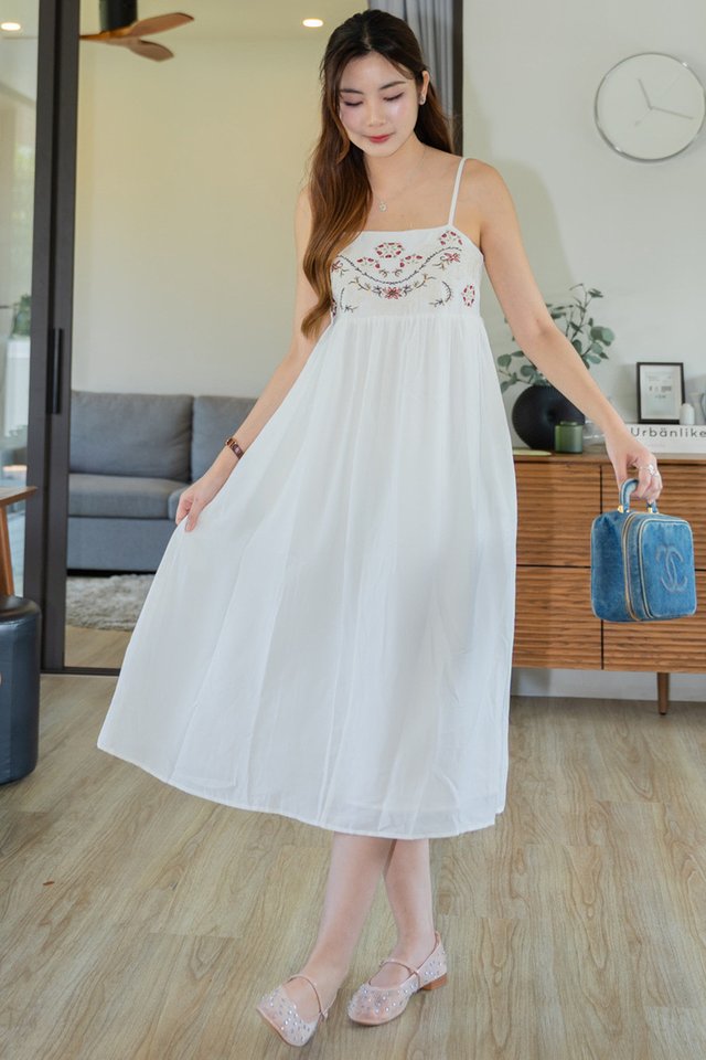 *Preorder - 8/9 Feb* ACW Rustic Panel Embroidery Flowy Cami Midi Dress in White