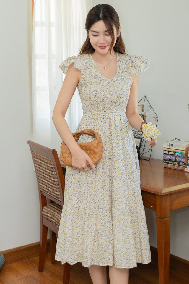 *Preorder - 8/9 Feb* ACW Flutter Sleeve Smocked Midi Dress in Yellow Floral Print