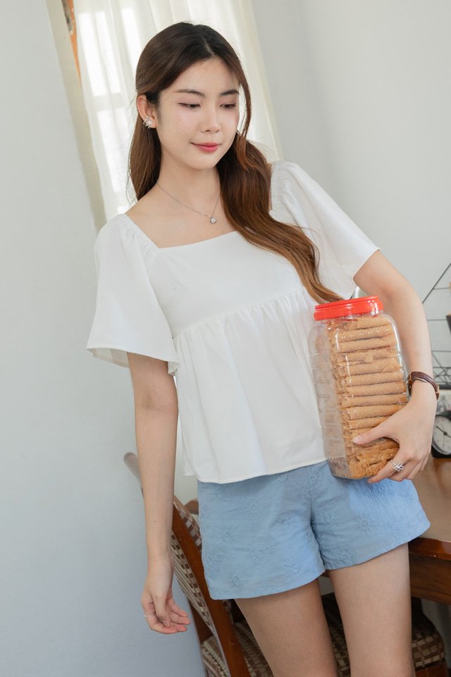 ACW Flutter Sleeve Smocked Babydoll Blouse in White