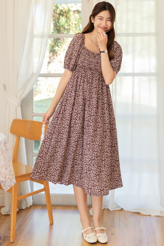 *Preorder - 8/9 Feb* ACW Curve Smock Balloon Sleeve Midi Dress in Wine Prints